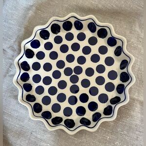 Charming Polish Pottery Navy & White Polka Dot Scalloped Tart Dish